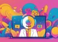 A colorful digital illustration of a person with a geometric face on a laptop screen, wearing a white suit. Abstract shapes, flowers, and hearts surround the screen against a pink background, creating a vibrant, whimsical scene.
