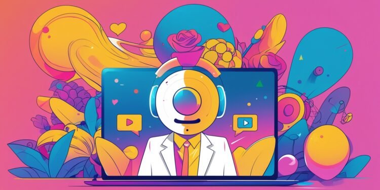 A colorful digital illustration of a person with a geometric face on a laptop screen, wearing a white suit. Abstract shapes, flowers, and hearts surround the screen against a pink background, creating a vibrant, whimsical scene.