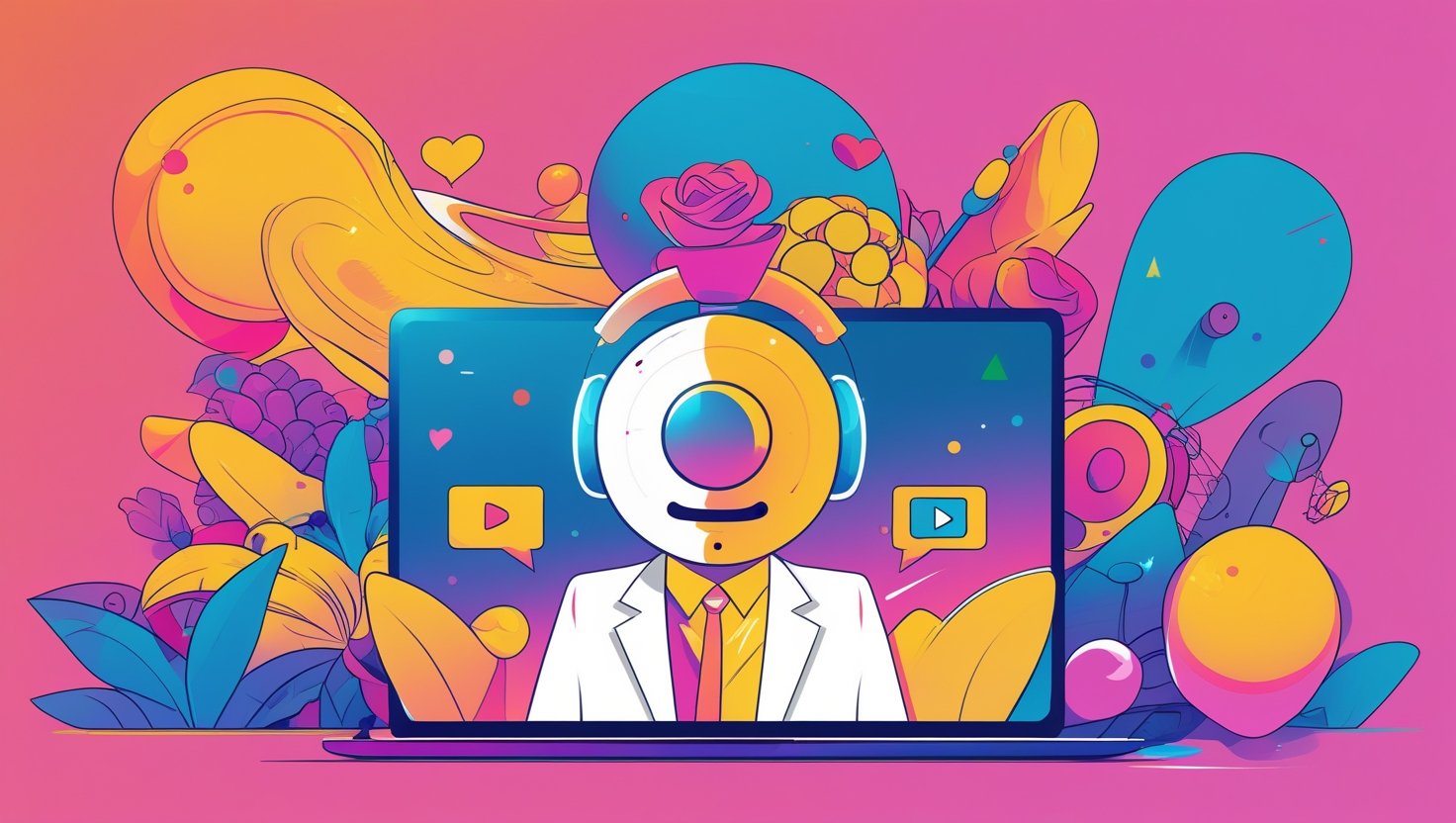 A colorful digital illustration of a person with a geometric face on a laptop screen, wearing a white suit. Abstract shapes, flowers, and hearts surround the screen against a pink background, creating a vibrant, whimsical scene.