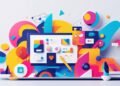 A colorful digital illustration displays vibrant abstract shapes surrounding a laptop screen filled with graphs, charts, and icons. A pencil is placed in front, symbolizing creativity and technology.