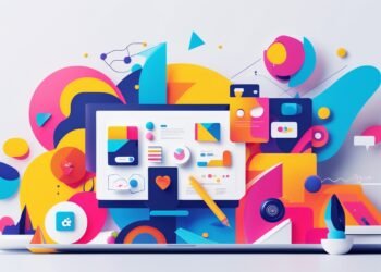 A colorful digital illustration displays vibrant abstract shapes surrounding a laptop screen filled with graphs, charts, and icons. A pencil is placed in front, symbolizing creativity and technology.