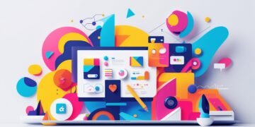 A colorful digital illustration displays vibrant abstract shapes surrounding a laptop screen filled with graphs, charts, and icons. A pencil is placed in front, symbolizing creativity and technology.