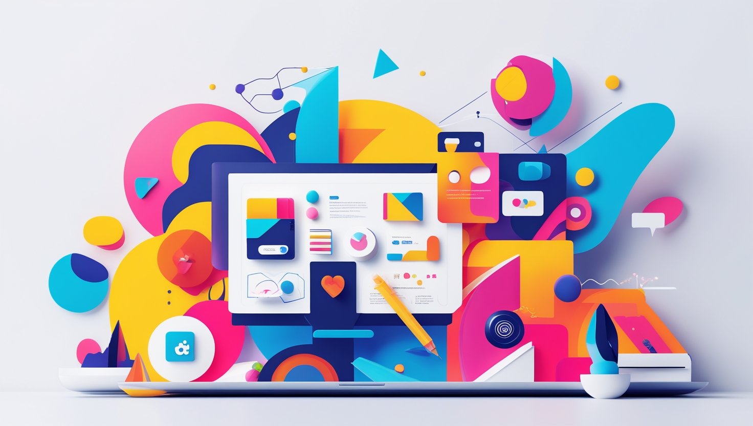 A colorful digital illustration displays vibrant abstract shapes surrounding a laptop screen filled with graphs, charts, and icons. A pencil is placed in front, symbolizing creativity and technology.