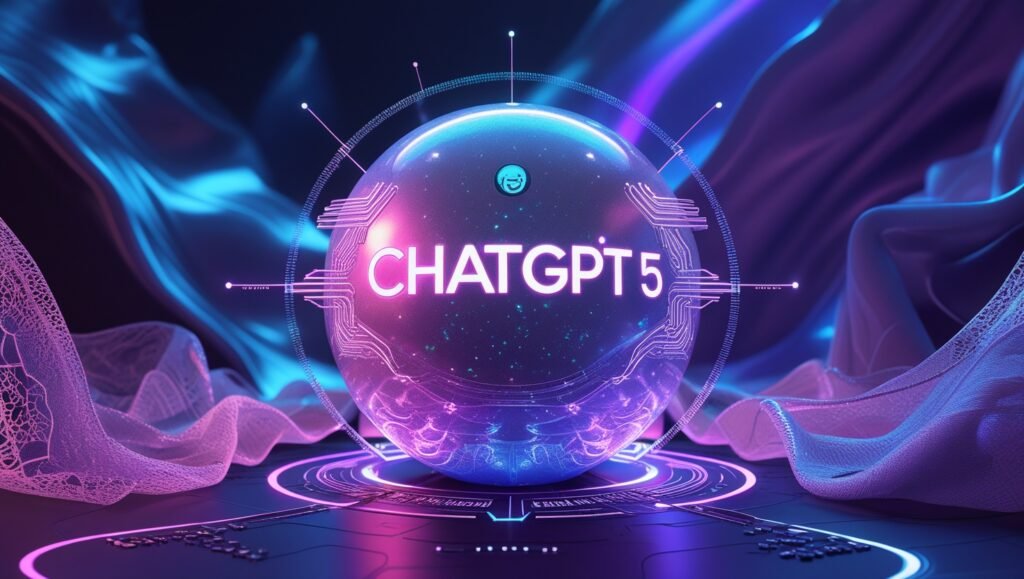 A futuristic digital sphere labeled ChatGPT 5 surrounded by glowing purple and blue abstract waves and circuit-like patterns, set in a stylized virtual environment.