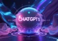 A futuristic digital sphere labeled ChatGPT 5 surrounded by glowing purple and blue abstract waves and circuit-like patterns, set in a stylized virtual environment.