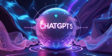 A futuristic digital sphere labeled ChatGPT 5 surrounded by glowing purple and blue abstract waves and circuit-like patterns, set in a stylized virtual environment.