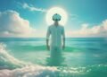 A person wearing a virtual reality headset stands knee-deep in a calm ocean, with the sun shining brightly behind them and fluffy clouds in the sky. The scene blends virtual and natural elements.