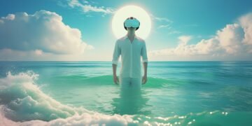 A person wearing a virtual reality headset stands knee-deep in a calm ocean, with the sun shining brightly behind them and fluffy clouds in the sky. The scene blends virtual and natural elements.
