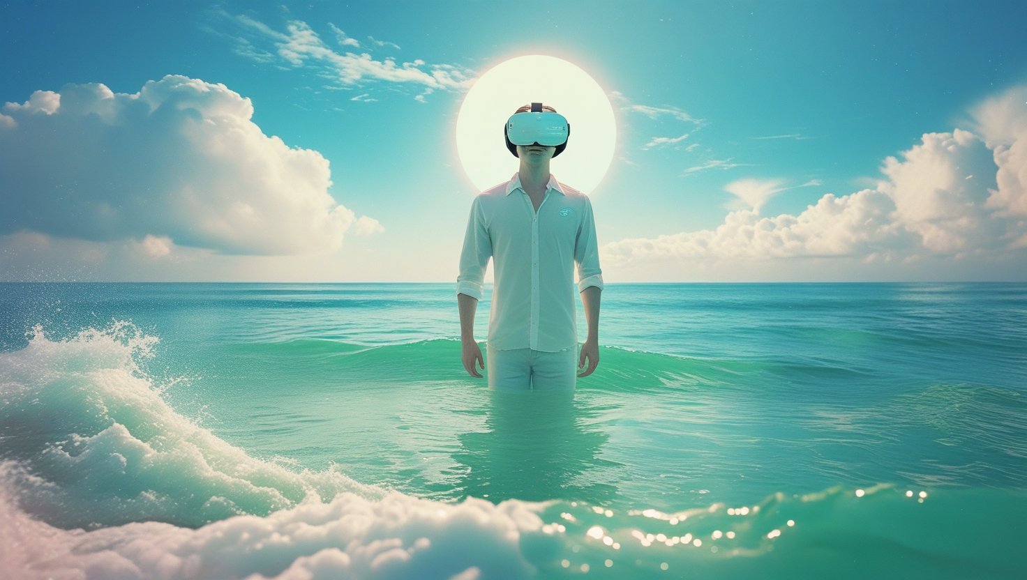 A person wearing a virtual reality headset stands knee-deep in a calm ocean, with the sun shining brightly behind them and fluffy clouds in the sky. The scene blends virtual and natural elements.