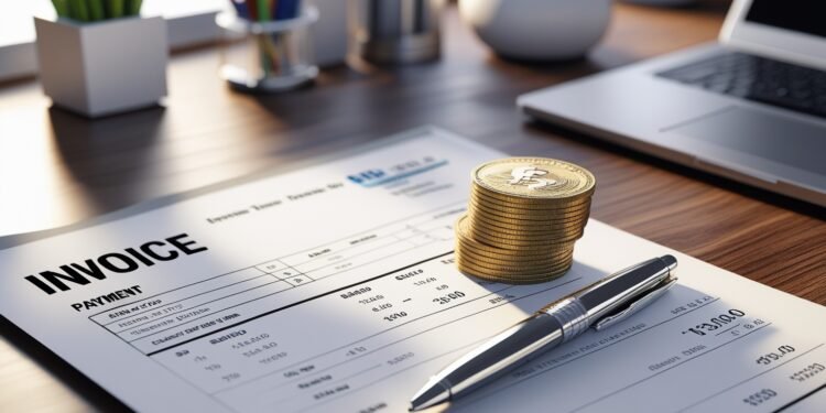 A printed invoice lies on a desk alongside a pen. Nearby is a stack of gold coins with a dollar sign. The background shows a laptop and stationery, indicating a work or financial setting.
