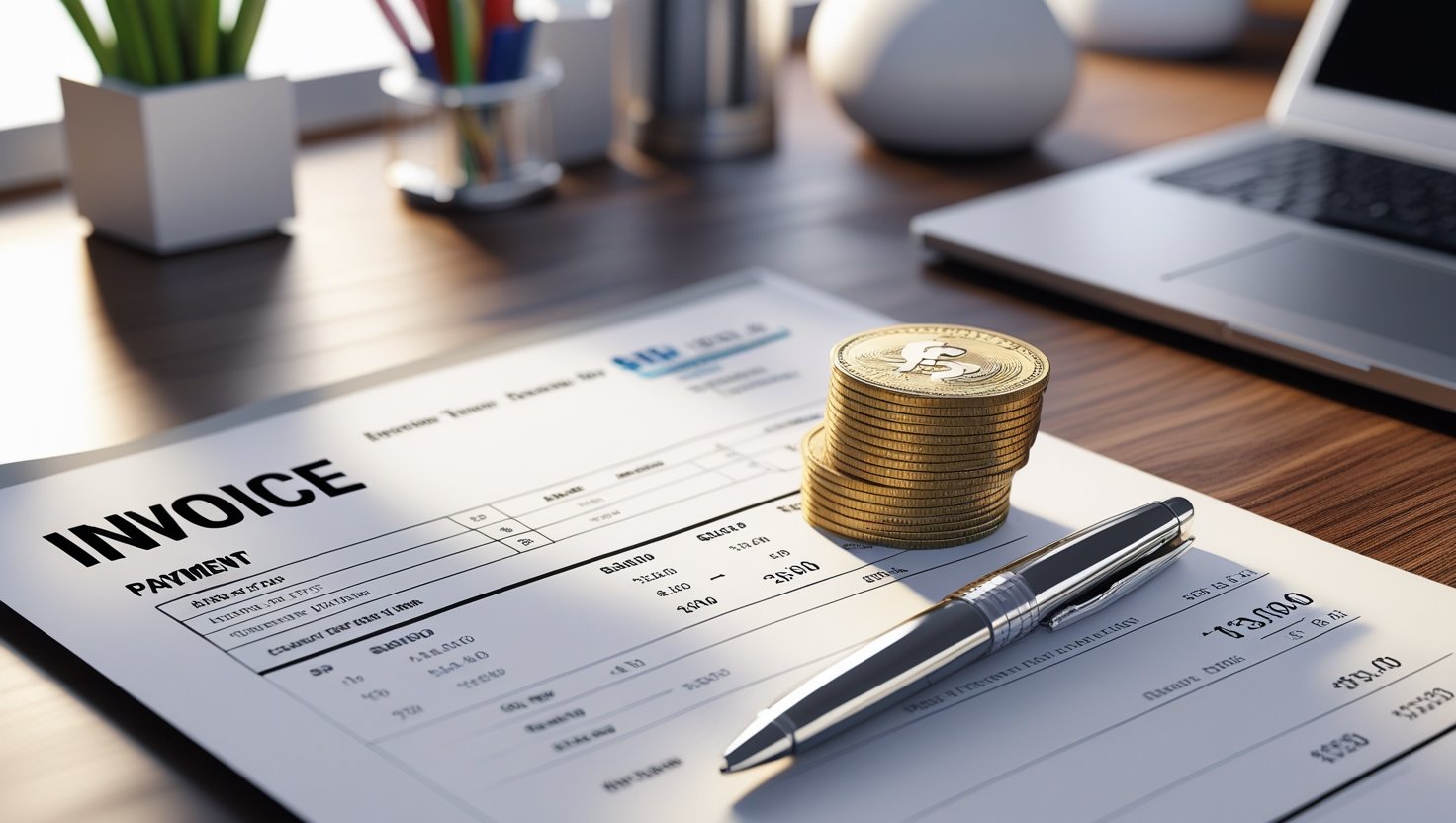 A printed invoice lies on a desk alongside a pen. Nearby is a stack of gold coins with a dollar sign. The background shows a laptop and stationery, indicating a work or financial setting.