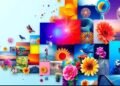 Colorful collage of stock images and futuristic AI elements.