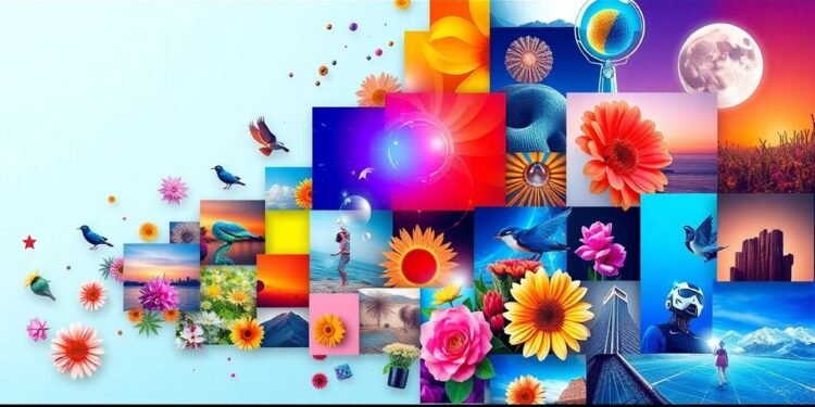 Colorful collage of stock images and futuristic AI elements.