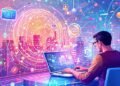 Person using laptop in a futuristic city setting.