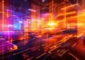 Digital interface with vibrant neon colors and striking futuristic elements.