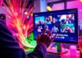 Person engaging with a colorful digital video interface.