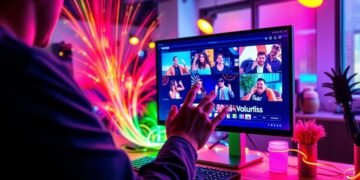 Person engaging with a colorful digital video interface.