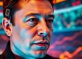 Elon Musk in a futuristic digital landscape.