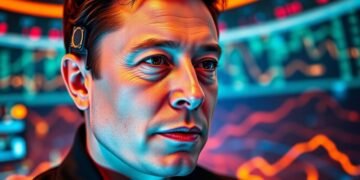 Elon Musk in a futuristic digital landscape.